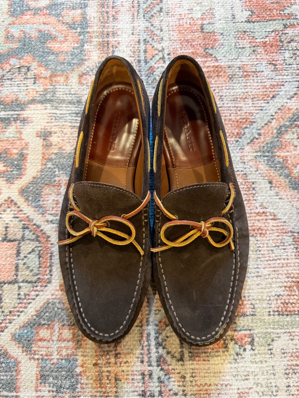 Trask Dark Brown Suede Moccasin Loafers with Tan Contrast Laces